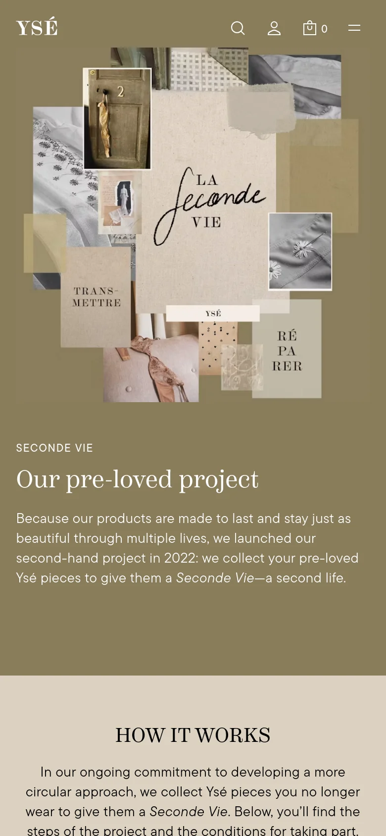 The mobile version stacks the content vertically, starting with a large collage image at the top that fills the width of the screen. Below the image, the 'Seconde Vie' heading and project description are centered against a solid olive green background, followed by the 'HOW IT WORKS' section on a light beige background. The navigation is condensed into a hamburger menu and icons at the top.