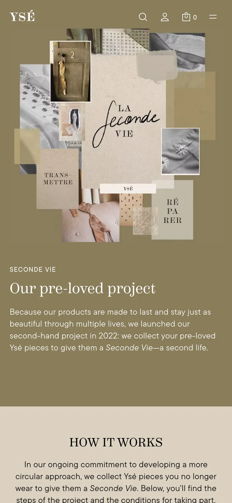 The mobile version stacks the content vertically, starting with a large collage image at the top that fills the width of the screen. Below the image, the 'Seconde Vie' heading and project description are centered against a solid olive green background, followed by the 'HOW IT WORKS' section on a light beige background. The navigation is condensed into a hamburger menu and icons at the top.
