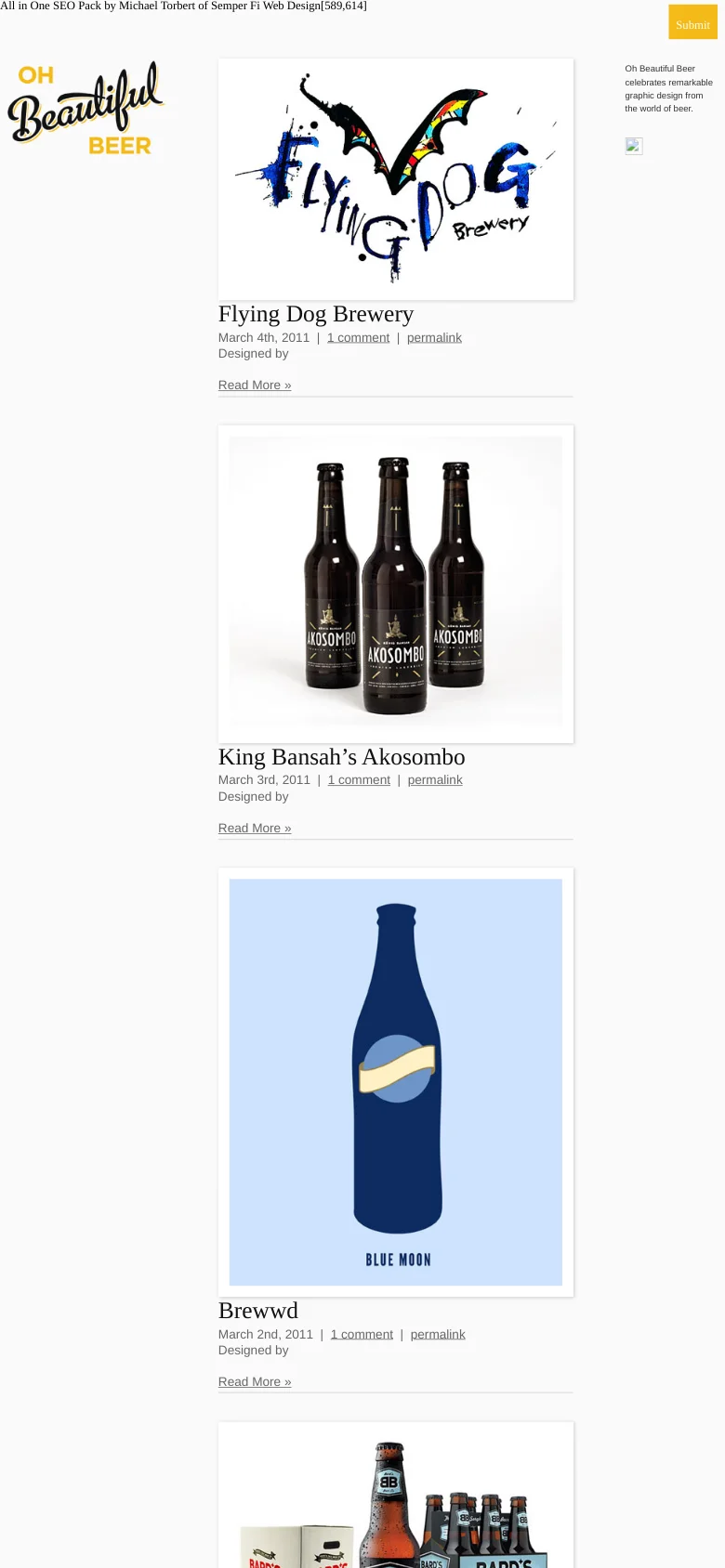 The mobile version presents a single-column vertical layout optimized for small screens. The logo and sidebar elements are stacked, and the blog posts follow a continuous vertical scroll with large images and text content centered for readability.
