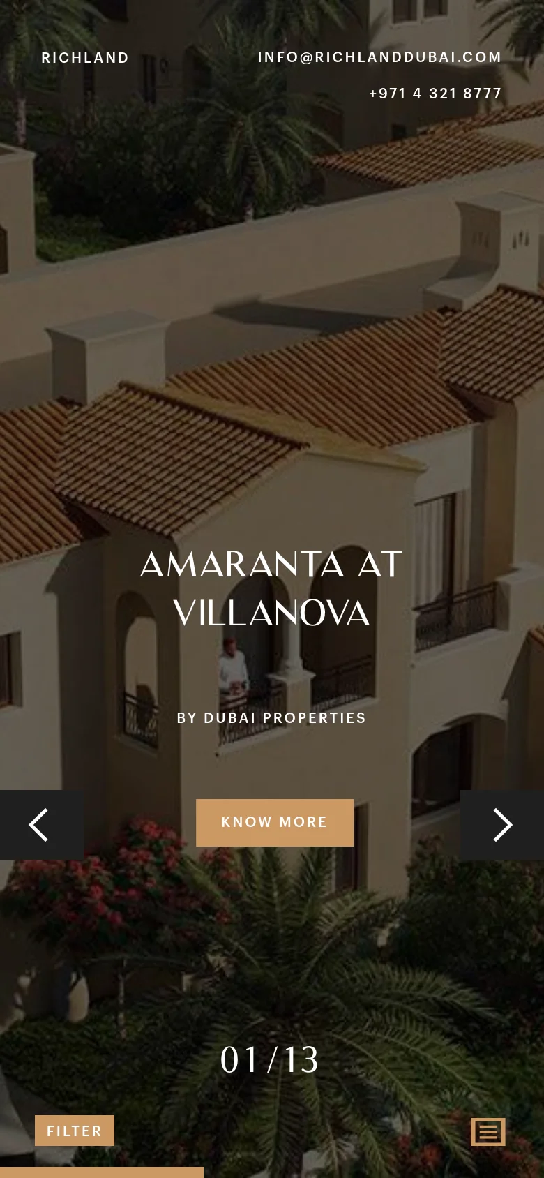 The mobile version presents a vertically oriented hero image of the Amaranta at Villanova property with the same headline and 'KNOW MORE' button. The layout is simplified for small screens, with the contact information and company name at the top, and a 'FILTER' button and menu icon located at the bottom of the screen.
