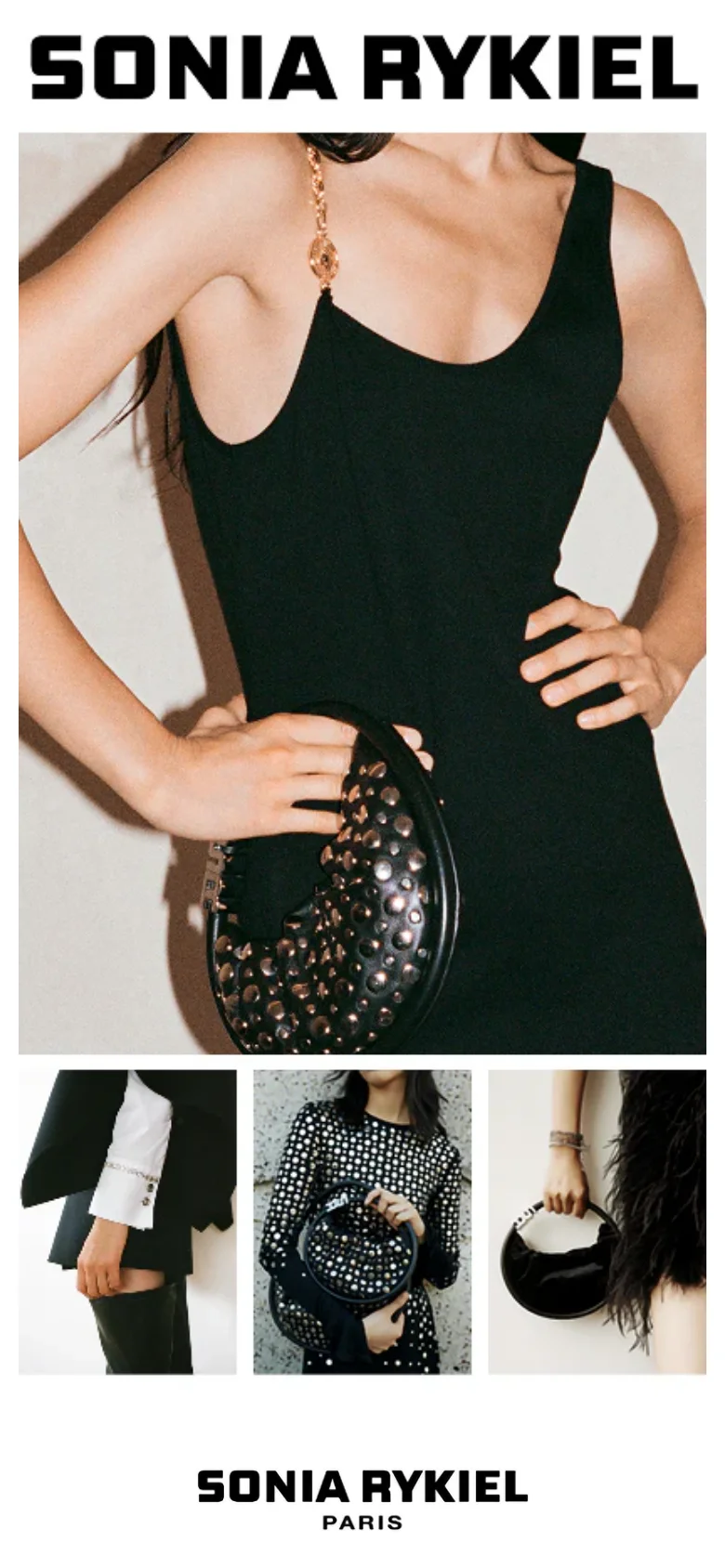 The mobile version presents a vertically stacked layout, beginning with a large, full-width hero image of a model in a black dress. Below this, a smaller grid of three fashion images is displayed, followed by the brand logo and a text block detailing the brand's legacy. The design is streamlined for vertical scrolling compared to the desktop version.