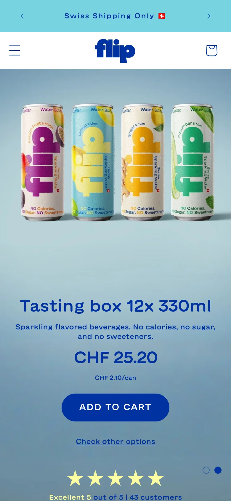 The mobile version presents a vertically stacked layout with the four sparkling water cans centered at the top. Below the product imagery, the 'Tasting box' headline, price, and blue 'ADD TO CART' button are centered for easy tapping. The navigation is condensed into a hamburger menu icon on the left and a shopping bag icon on the right.