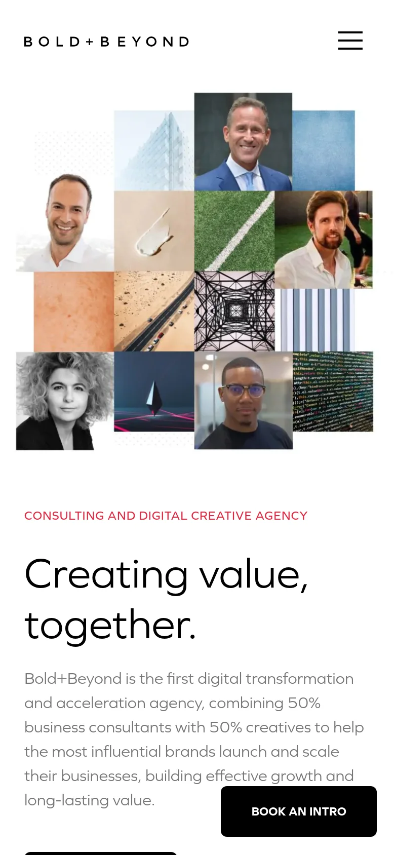 The mobile version presents a vertically stacked layout with the agency's logo and a hamburger menu icon at the top. Below, a vibrant grid of portrait and abstract images fills the screen, followed by the 'Creating value, together' headline and description. A large, black 'BOOK AN INTRO' call-to-action button is fixed at the bottom of the viewport.