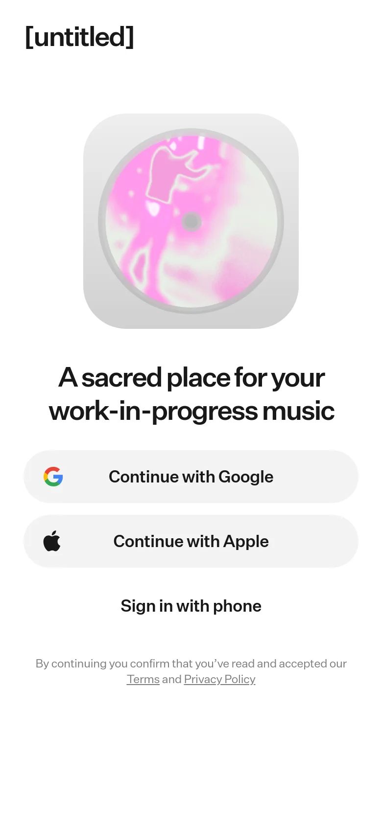 The mobile version maintains the same minimalist layout as the desktop, with the abstract pink icon, headline, and authentication buttons stacked vertically. The design is centered and optimized for a narrow screen, prioritizing the Google and Apple login buttons.