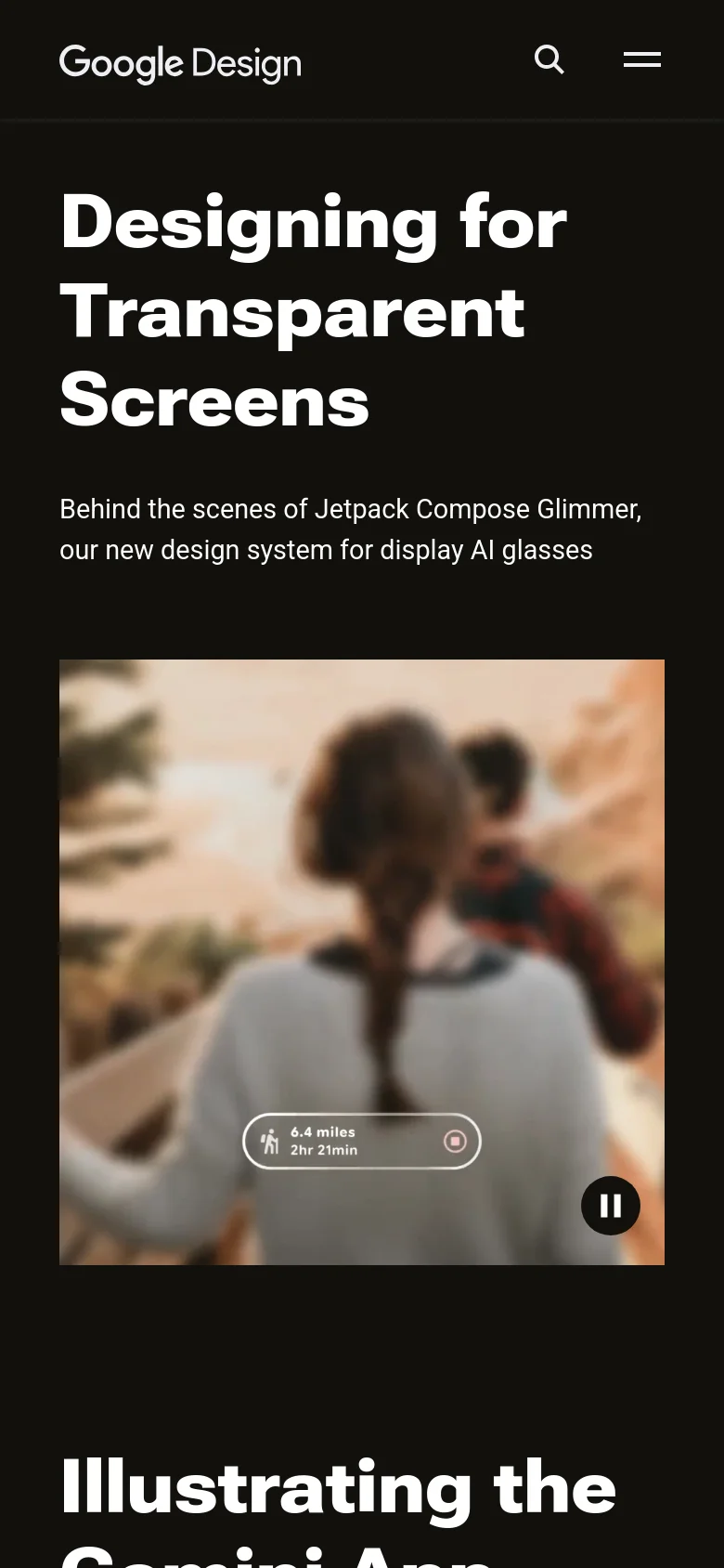 The mobile version maintains the dark theme and large white typography, but the layout shifts to a single-column vertical stack. The hero headline and subheadline appear at the top, followed by a full-width blurred image containing a floating UI element and a play button icon.