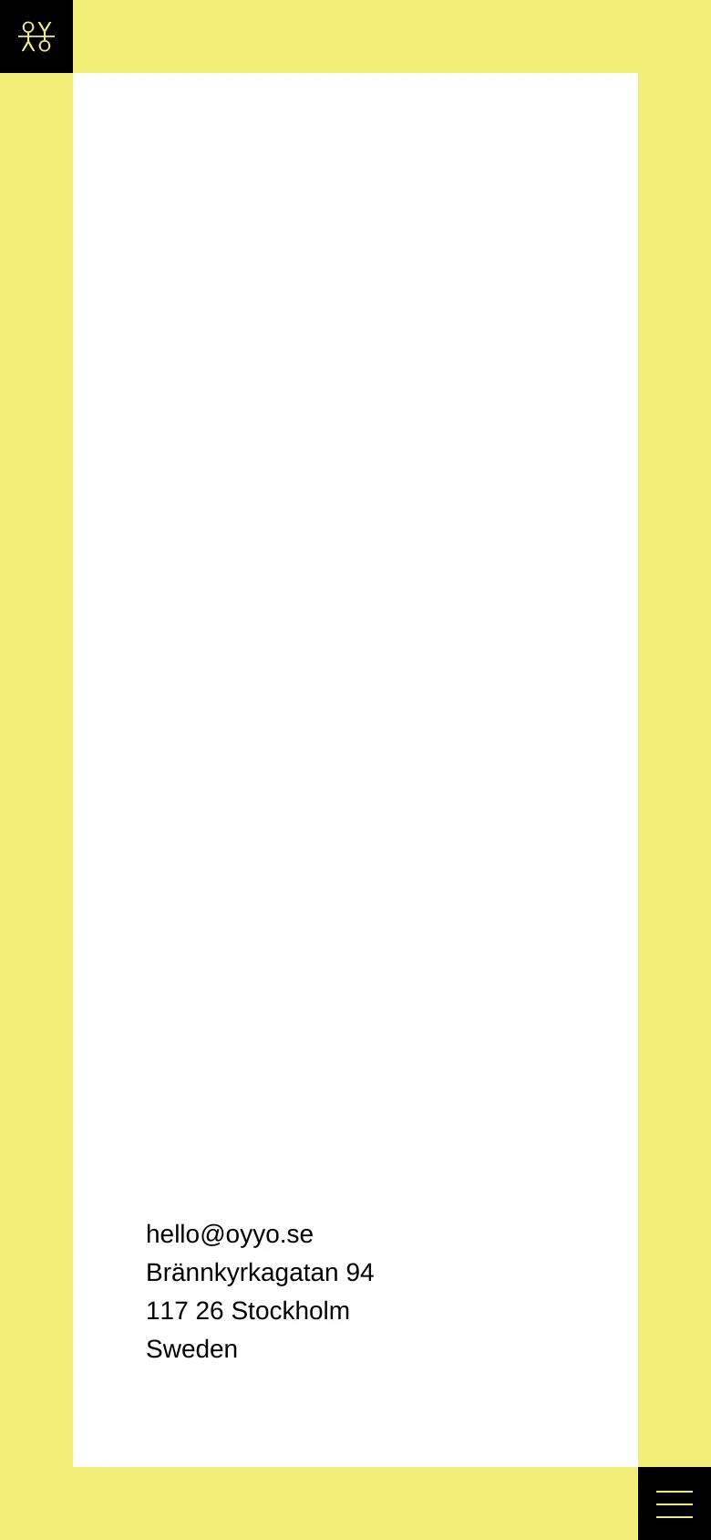 The mobile version maintains the pale yellow background and white content area but uses a vertical layout optimized for smaller screens. The contact information is stacked vertically in the lower half of the white area, and the top navigation is replaced by a black hamburger menu icon in the bottom right corner.