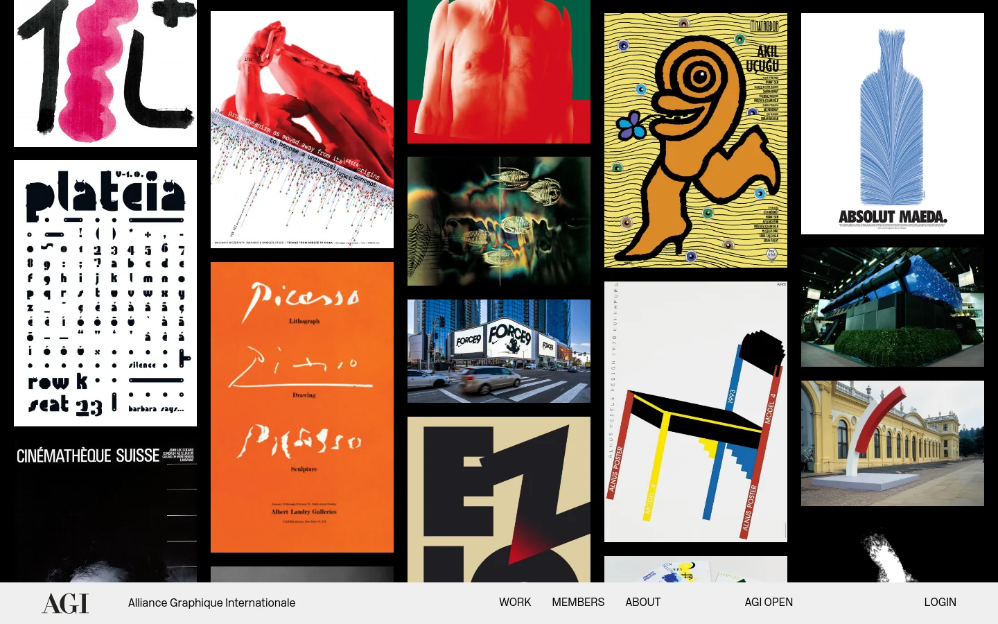 The desktop homepage features a dense, artistic grid of various graphic design works, including illustrations, photography, and typography, in a collage-style layout. A white navigation bar at the bottom contains the AGI logo and links for Work, Members, About, AGI Open, and Login. The color palette is diverse and vibrant, reflecting the creative nature of the professional gathering.