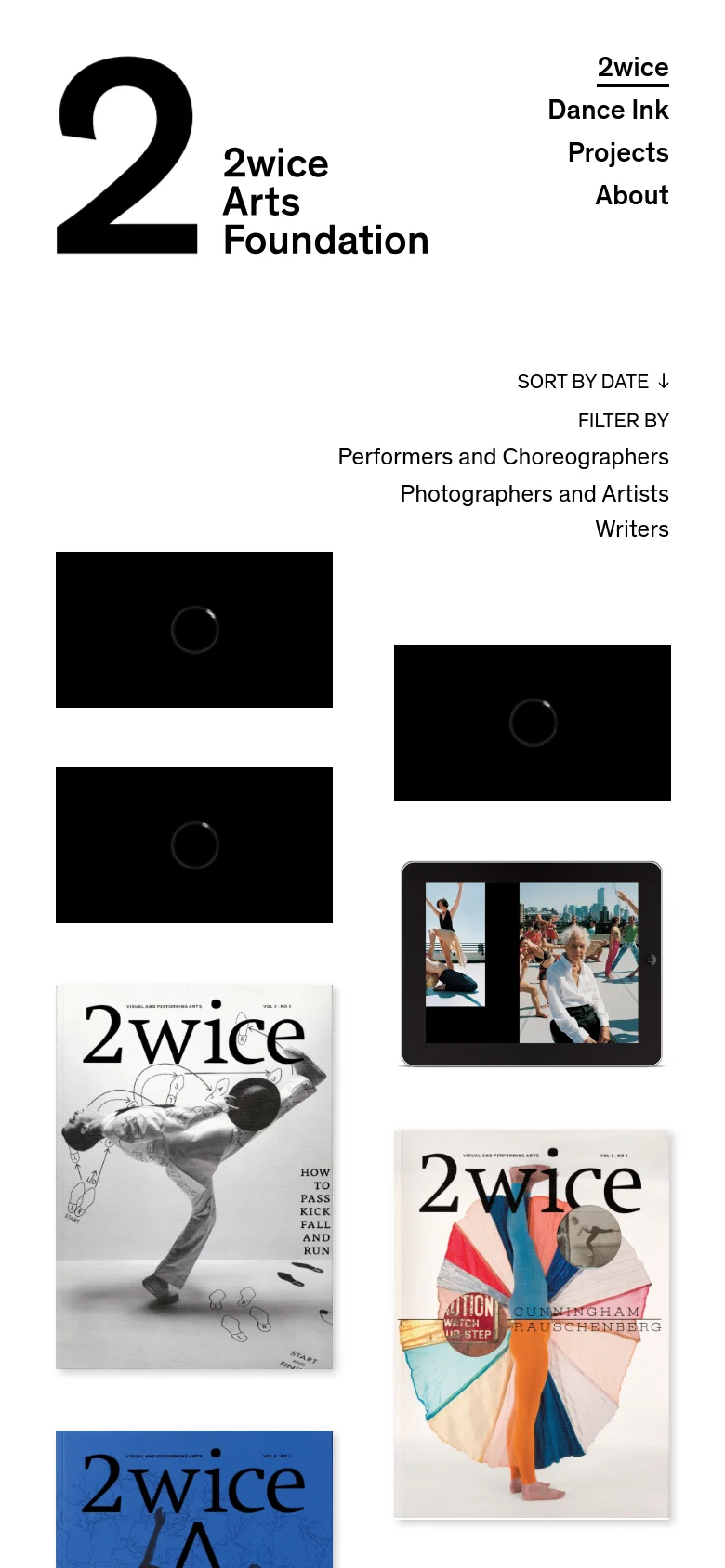 The mobile version maintains the minimalist white and black aesthetic but reconfigures the layout for a vertical screen. The navigation links are stacked on the right side, and the magazine cover images are arranged in a single-column vertical scroll, making the content easier to browse on a phone.