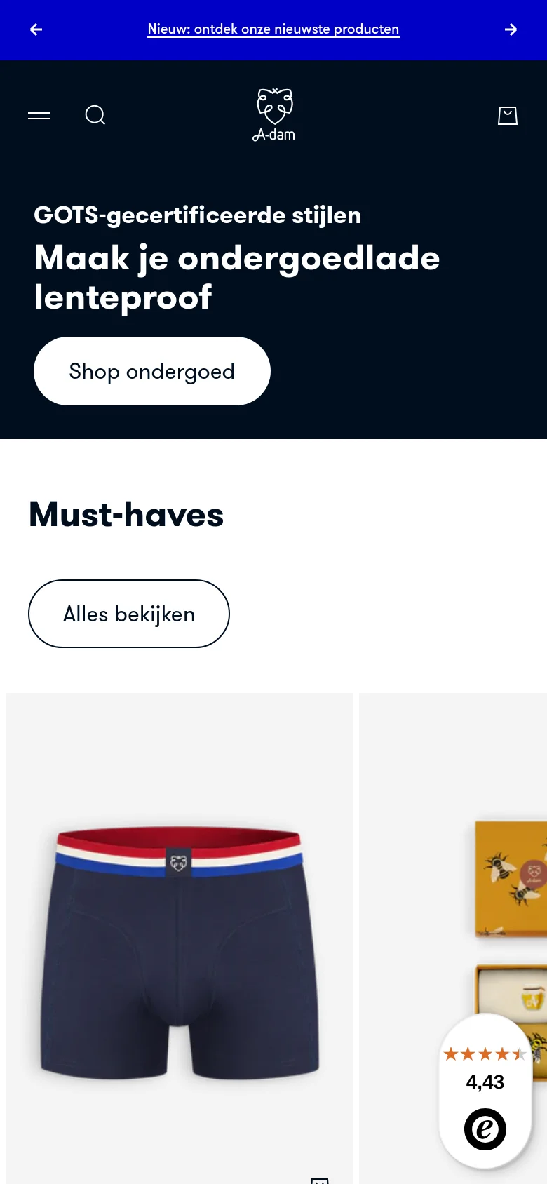 The mobile version uses a vertical stack, starting with a dark navy hero section containing the main headline and call-to-action button. The 'Must-haves' section follows, showing product images in a single-column scrollable format. The navigation is condensed into a hamburger menu and search icon at the top.