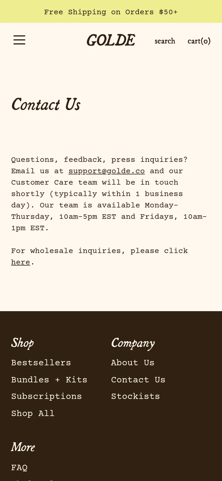 The mobile version simplifies the layout with a cream background and a hamburger menu icon on the left, the Golde logo centered, and search and cart icons on the right. The 'Contact Us' heading and text are stacked vertically for readability, and the dark brown footer displays site links in a single-column list format.