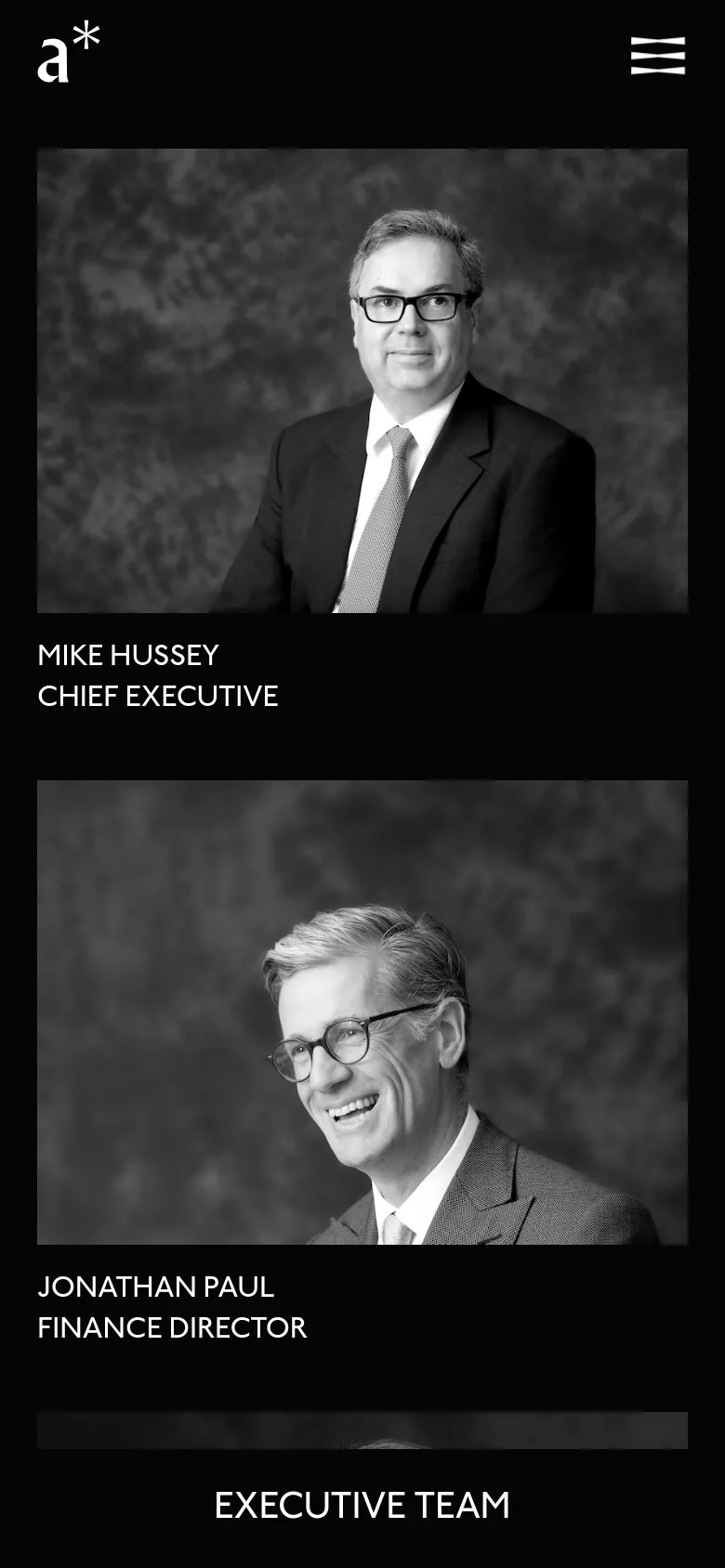 The mobile version simplifies the layout into a single-column vertical stack on a black background. The portraits and names, such as 'Mike Hussey, Chief Executive' and 'Jonathan Paul, Finance Director,' are centered and scaled to fit the narrow screen. The vertical side label is removed, and the navigation menu is condensed into a hamburger icon at the top right.