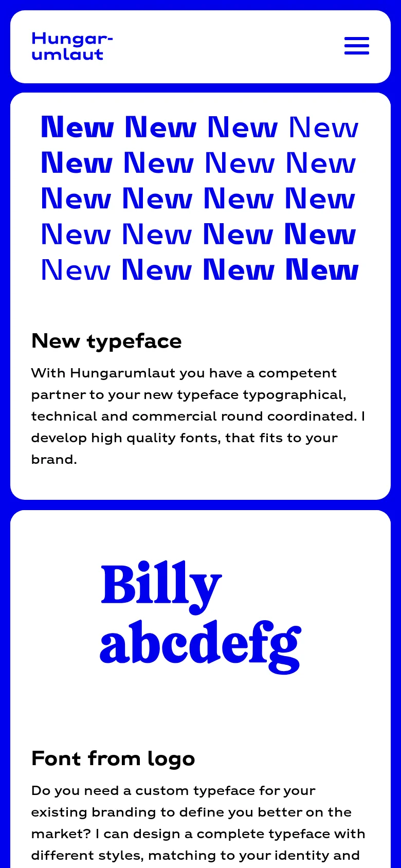 The mobile version simplifies the layout into a single-column vertical stack, prioritizing readability on smaller screens. The top navigation is condensed into a blue header with the Hungarumlaut logo and a hamburger menu icon. The service sections follow a vertical flow, with large blue typographic graphics positioned above their respective headlines and text descriptions.