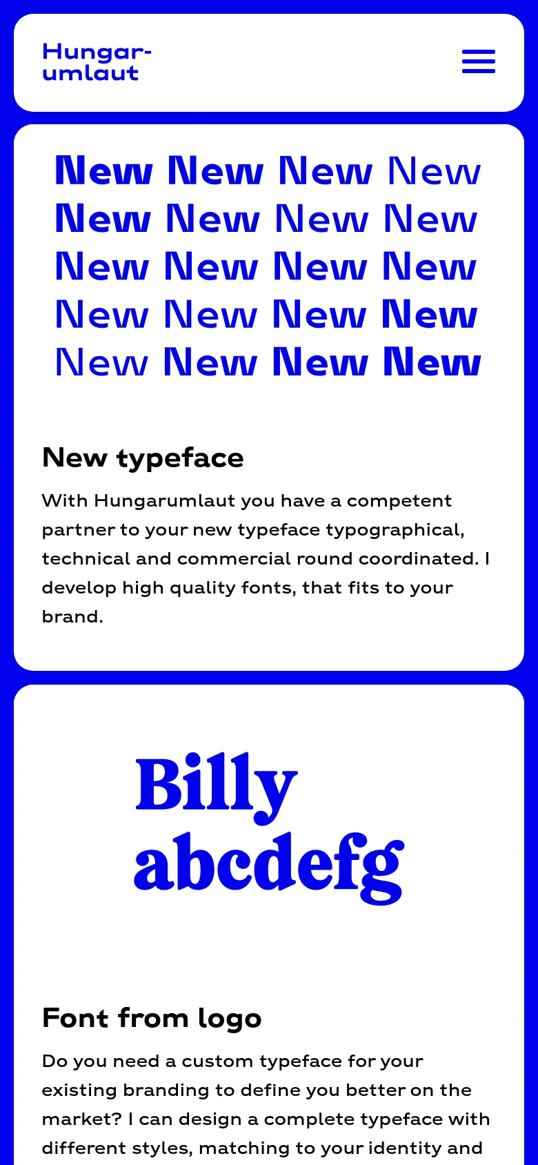 The mobile version simplifies the layout into a single-column vertical stack, prioritizing readability on smaller screens. The top navigation is condensed into a blue header with the Hungarumlaut logo and a hamburger menu icon. The service sections follow a vertical flow, with large blue typographic graphics positioned above their respective headlines and text descriptions.