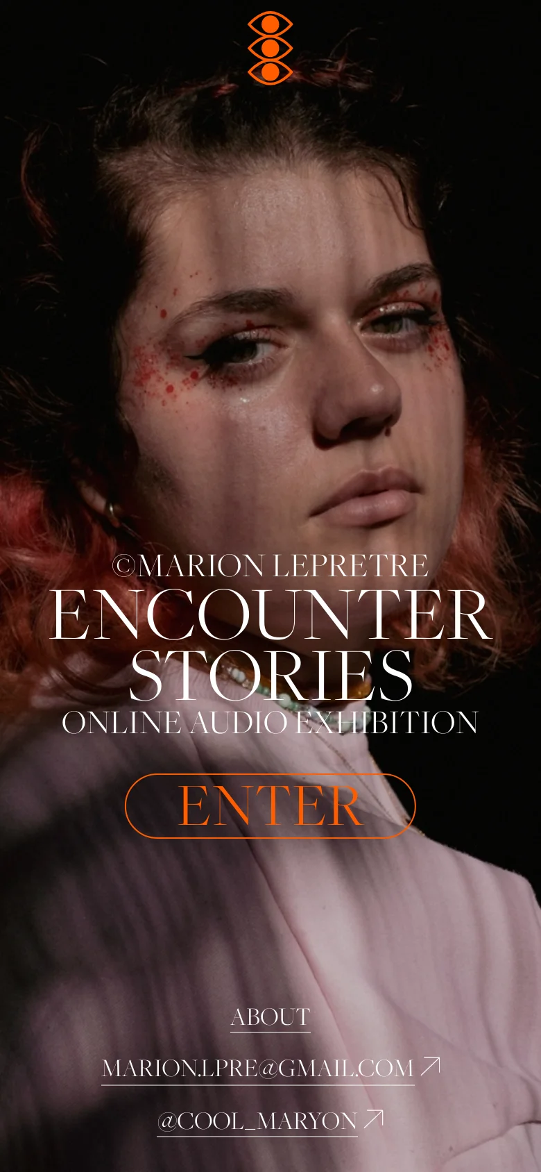 The mobile version presents a vertically oriented, zoomed-in close-up of the same portrait. The text is centered, with the title 'ENCOUNTER STORIES' prominently displayed above a large, orange-outlined 'ENTER' call-to-action button, and contact links positioned at the bottom.