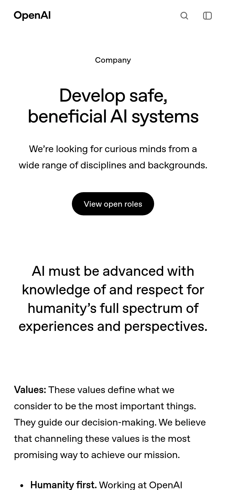 The mobile version maintains the minimalist white and black theme but uses a centered, single-column layout. The navigation is condensed with a search icon and a menu icon, while the hero headline, subheadline, and 'View open roles' button are stacked vertically for easier scrolling.