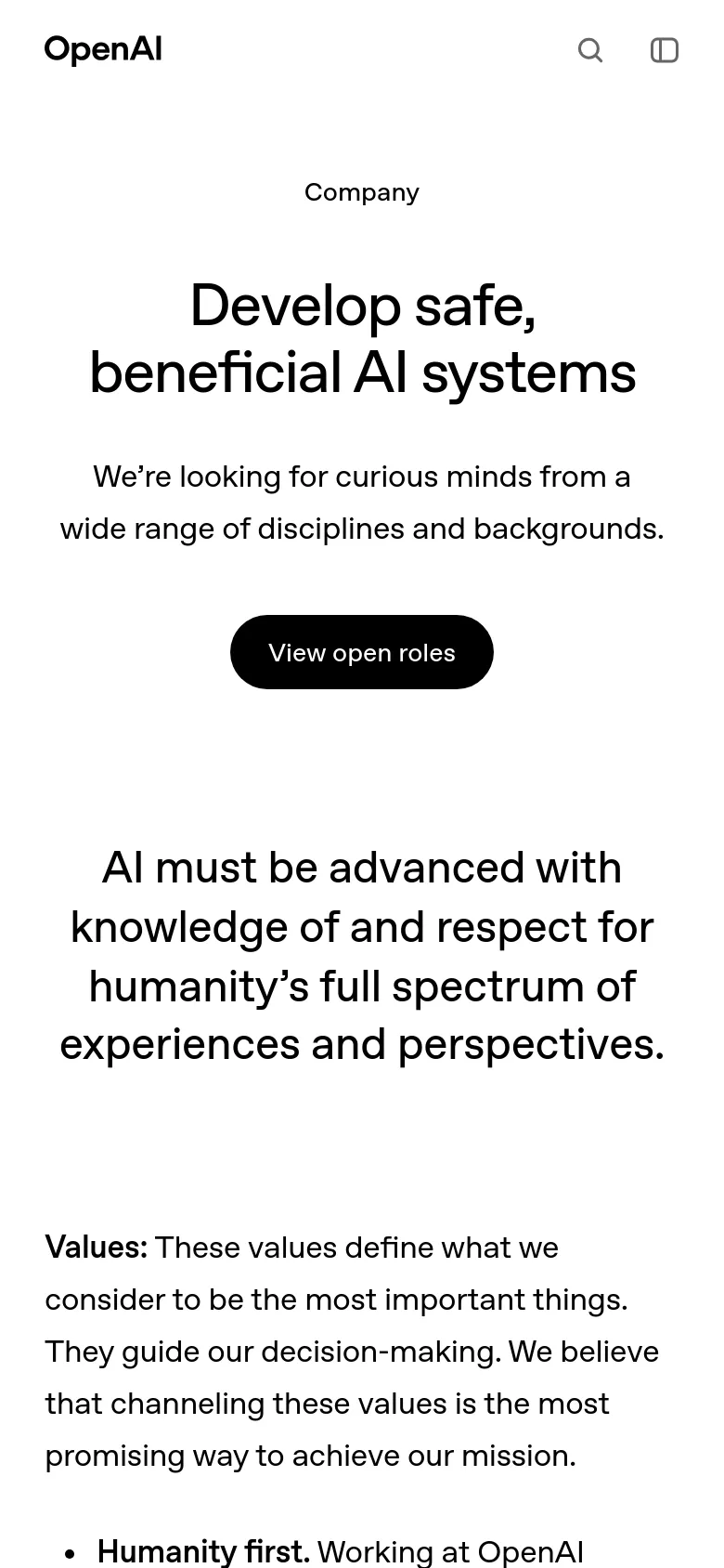 The mobile version maintains the minimalist white and black theme but uses a centered, single-column layout. The navigation is condensed with a search icon and a menu icon, while the hero headline, subheadline, and 'View open roles' button are stacked vertically for easier scrolling.