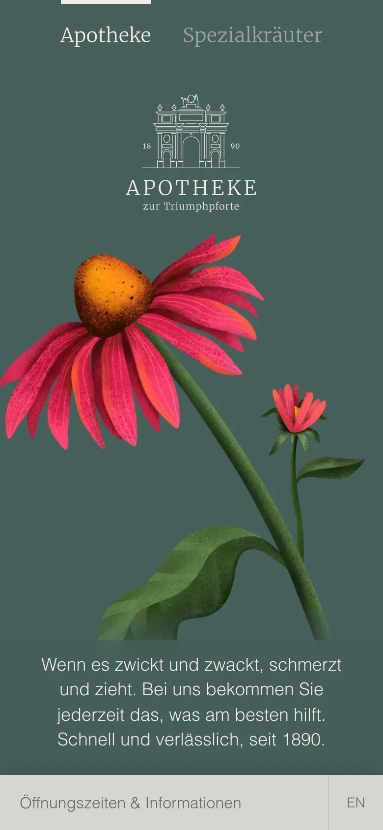The mobile version presents a simplified vertical layout with the large pink flower illustration dominating the center. The headline and descriptive text are positioned below the flower, and the navigation is condensed into a bottom bar containing 'Öffnungszeiten & Informationen' and a language selector.