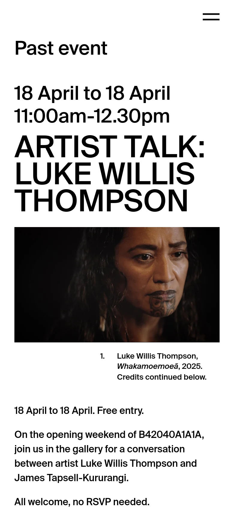 The mobile version uses a single-column vertical layout, removing the left sidebar in favor of a top navigation menu represented by a hamburger icon. The large bold headline and portrait image are stacked vertically, making the text and imagery the primary focus of the screen.