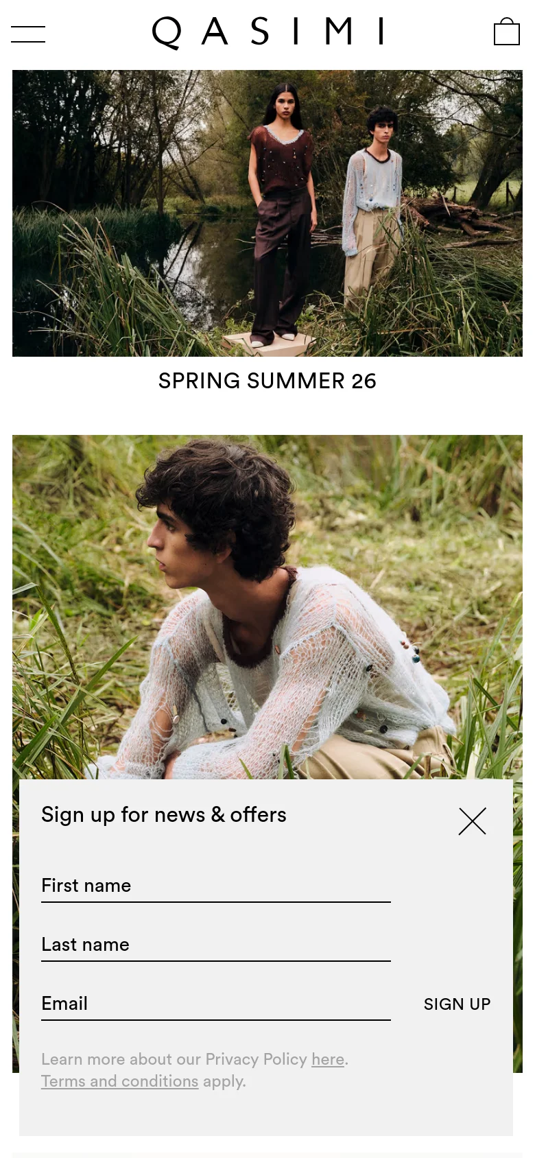 The mobile version presents a vertically stacked layout, focusing on the large hero image of the models in a natural setting. The 'Sign up for news & offers' form appears as a large, full-width overlay at the bottom of the screen, featuring input fields for name and email. The top navigation is condensed into a hamburger menu icon next to the brand logo.