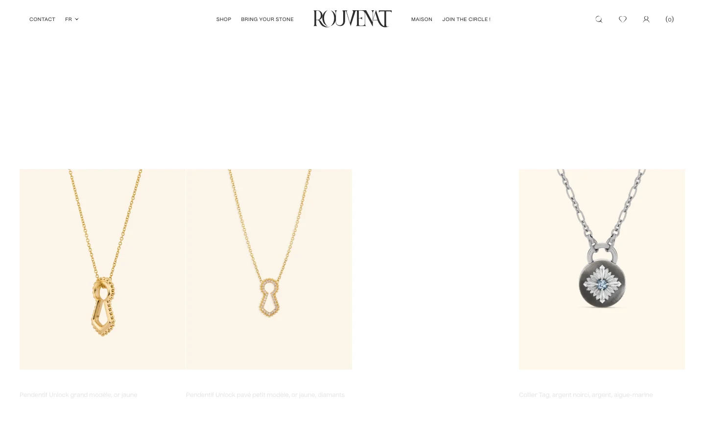 The desktop view shows a minimalist jewelry collection page for 'Colliers' with a clean white background and elegant serif typography. A grid layout displays high-quality product images of gold and silver necklaces against a neutral cream background, accompanied by product names and prices. The navigation menu is spread across the top, featuring links like 'SHOP', 'BRING YOUR STONE', and 'MAISON'.