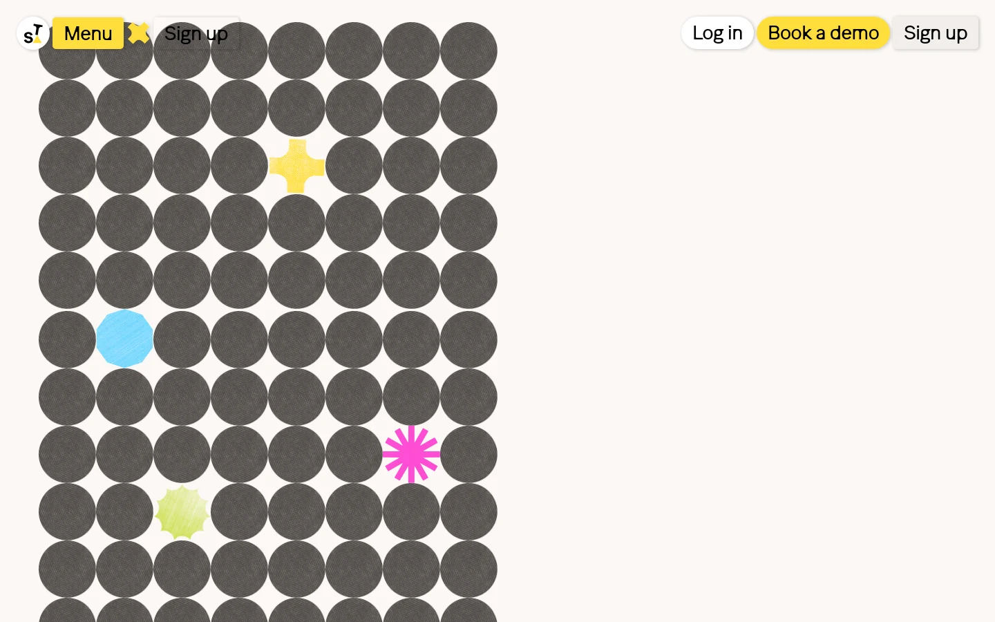 The desktop sign-up page features a clean white background with a large grid of dark grey textured circles. A few colorful, abstract star shapes in yellow, light blue, lime, and pink are scattered within the grid. The navigation bar at the top includes a logo, a yellow 'Menu' button, and buttons for 'Log in', 'Book a demo', and 'Sign up'.