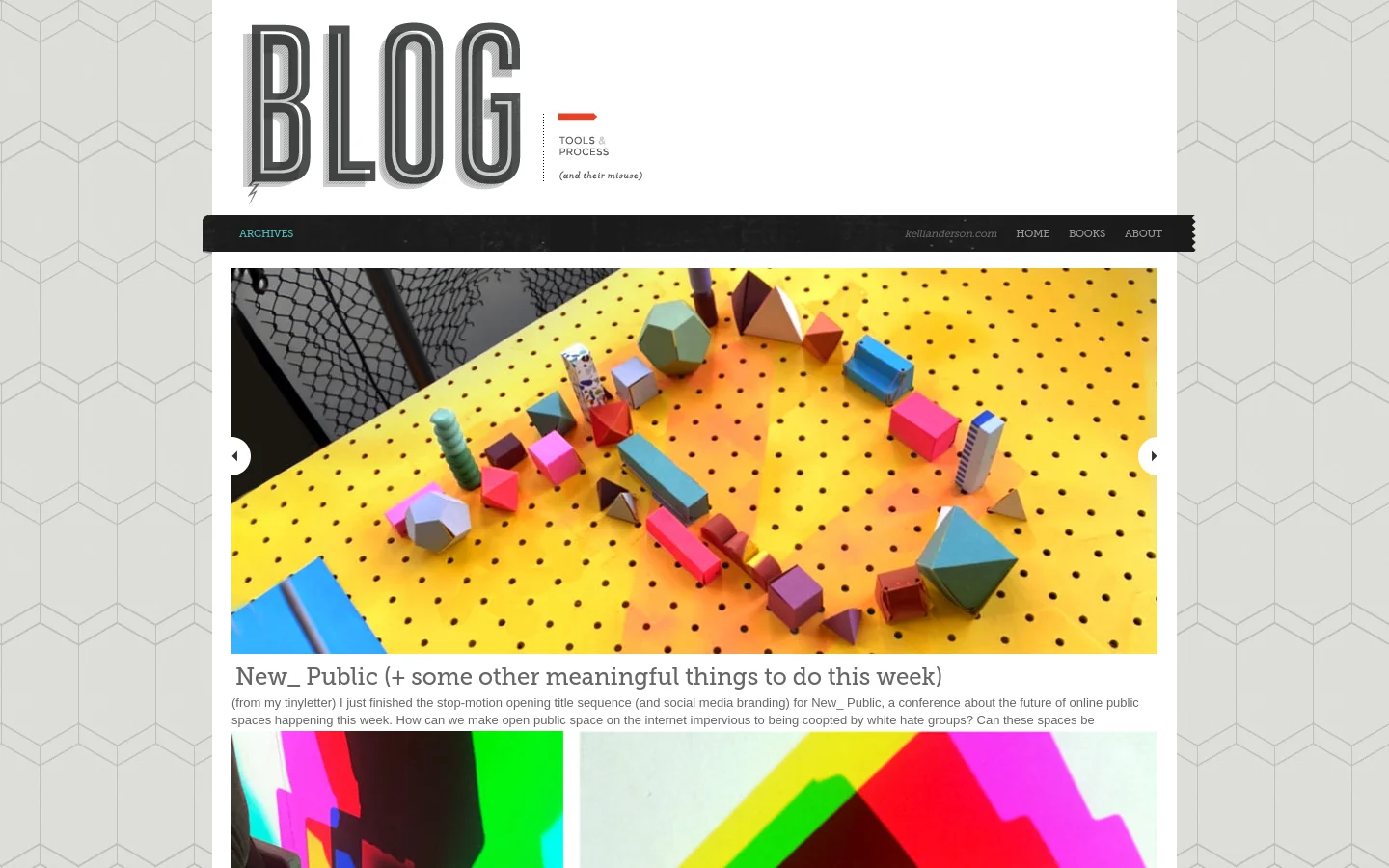 The desktop blog page features a large, stylized 'BLOG' header in white with black outlines against a white background with a subtle geometric pattern. Below the header, a black navigation bar contains links for Archives, Home, Books, and About. The main content area displays a vertical feed of blog posts, each starting with a wide colorful banner image followed by a bold headline and a short text excerpt.