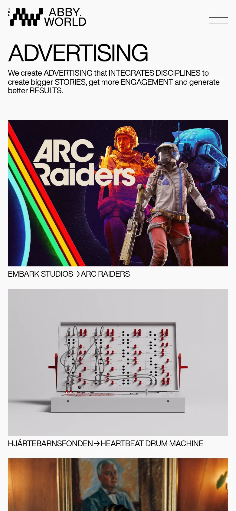 The mobile version presents the same content in a single-column vertical layout. The header, headline, and subheadline are stacked at the top, followed by the case study image tiles which appear one after another in a vertical scroll.