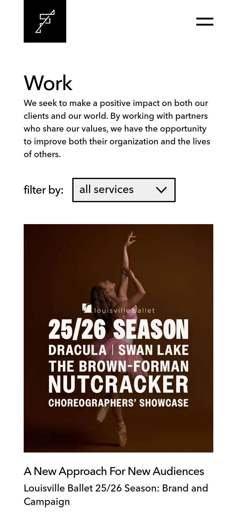 The mobile version simplifies the layout, centering the 'Work' headline and introductory text. The 'filter by:' dropdown menu is positioned below the text, and the project grid transitions into a single-column vertical stack of large imagery and titles.