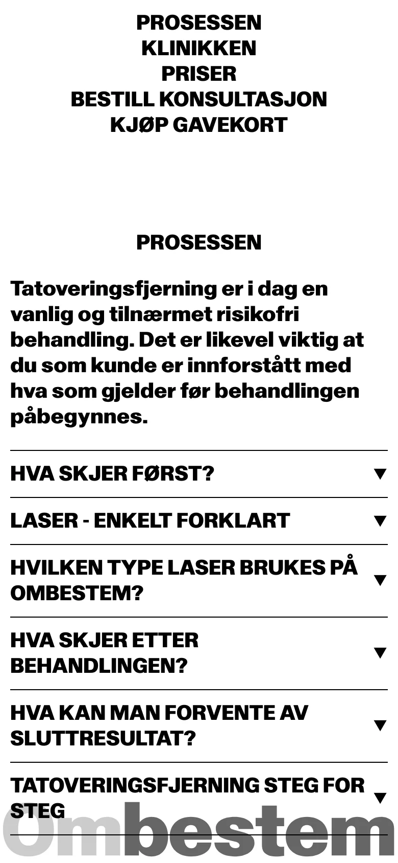 The mobile version maintains the minimalist black-on-white aesthetic but uses a simplified, vertically stacked layout. The navigation menu is presented as large, centered text links at the top, and the accordion dropdown menus for the process information occupy the full width of the screen for easier tapping.