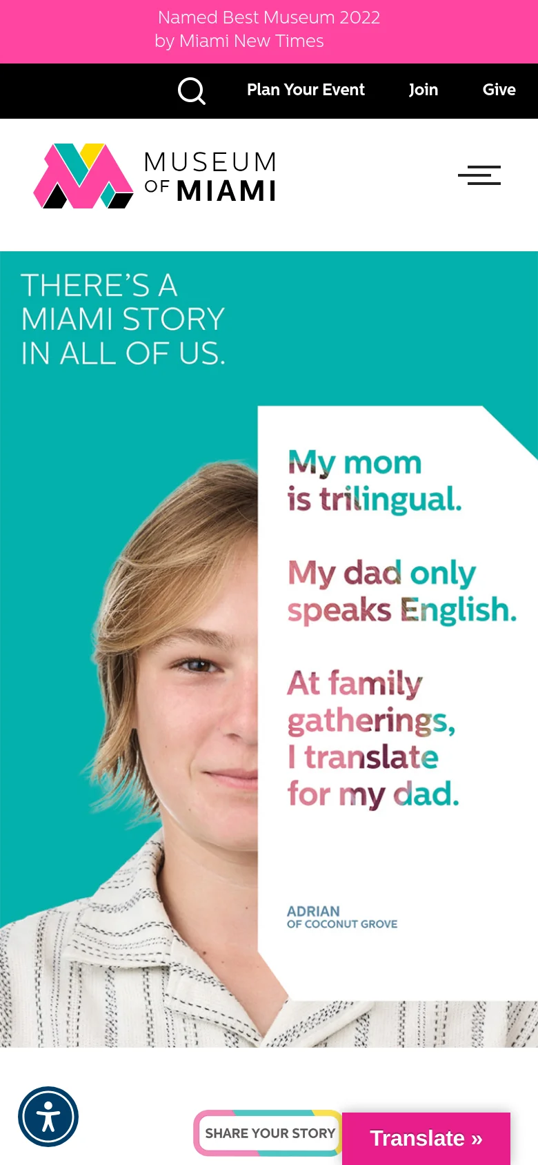 The mobile version presents a simplified layout with a hamburger menu icon and the Museum of Miami logo at the top. The hero section features a vertical stack of a person's portrait and a large white text box containing a personal story. A pink 'Translate' button and a 'Share Your Story' button are pinned to the bottom of the screen.