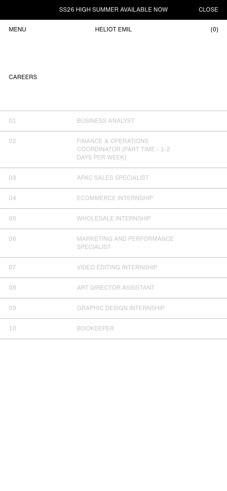 The mobile version maintains the minimalist white and black aesthetic but uses a condensed layout. The top navigation is replaced by a 'MENU' button and a shopping cart icon, while the job listings are stacked vertically in a single column for easier scrolling on a smaller screen.