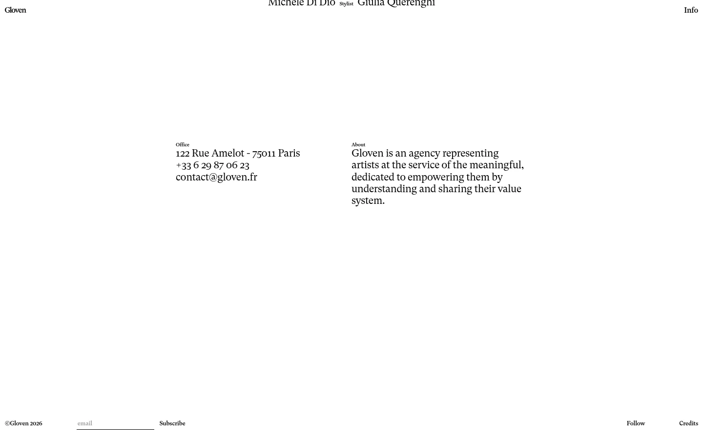 A minimalist desktop page with a white background and black serif text. The layout features the agency name 'Gloven' on the top left, navigation links in the center and top right, and two main sections: 'Office' with contact details and 'About' with a mission statement. A simple email subscription field is located in the footer.