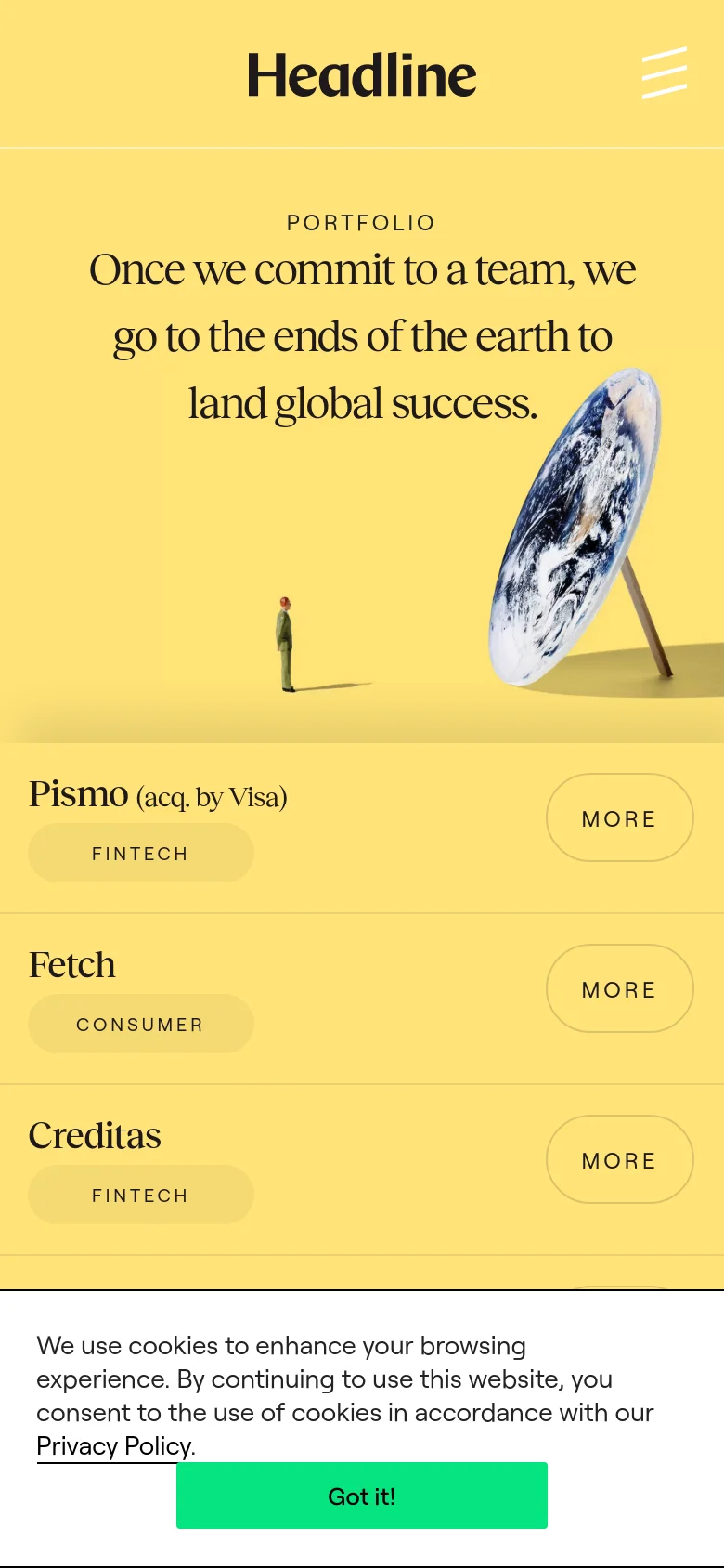 The mobile version uses a single-column vertical layout on a yellow background. The hero section features the main headline above a graphic of a person looking at a large globe on a stand. Below the hero, portfolio companies are listed vertically with their sector tags and 'MORE' buttons, and a hamburger menu icon is visible in the top right.