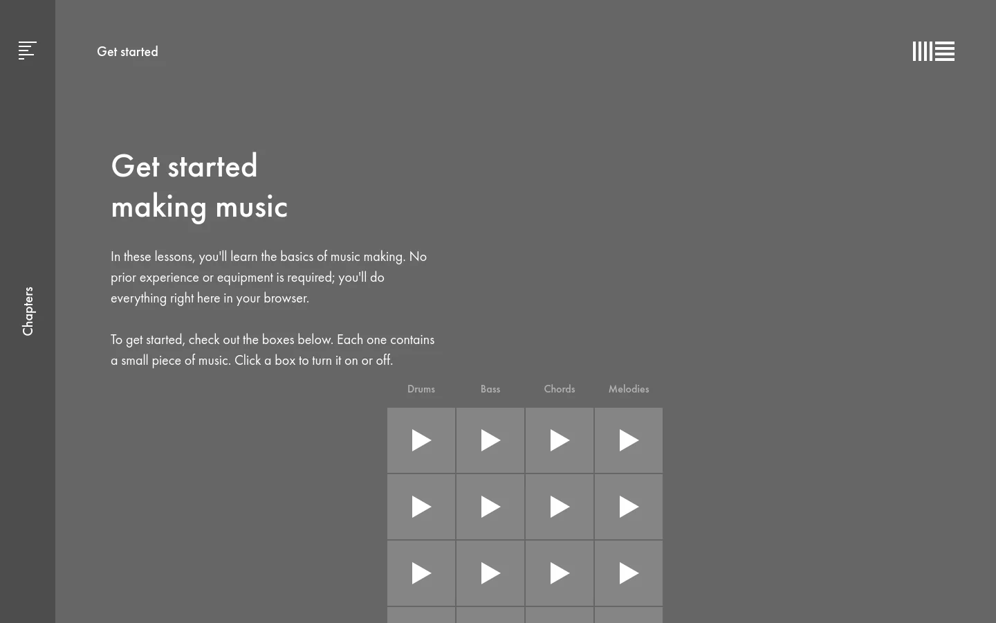 The desktop homepage features a dark gray background with white text. The headline reads 'Get started making music' above an introductory paragraph, followed by a grid of interactive play buttons organized under columns labeled Drums, Bass, Chords, and Melodies. A sidebar on the left contains a 'Chapters' navigation menu.