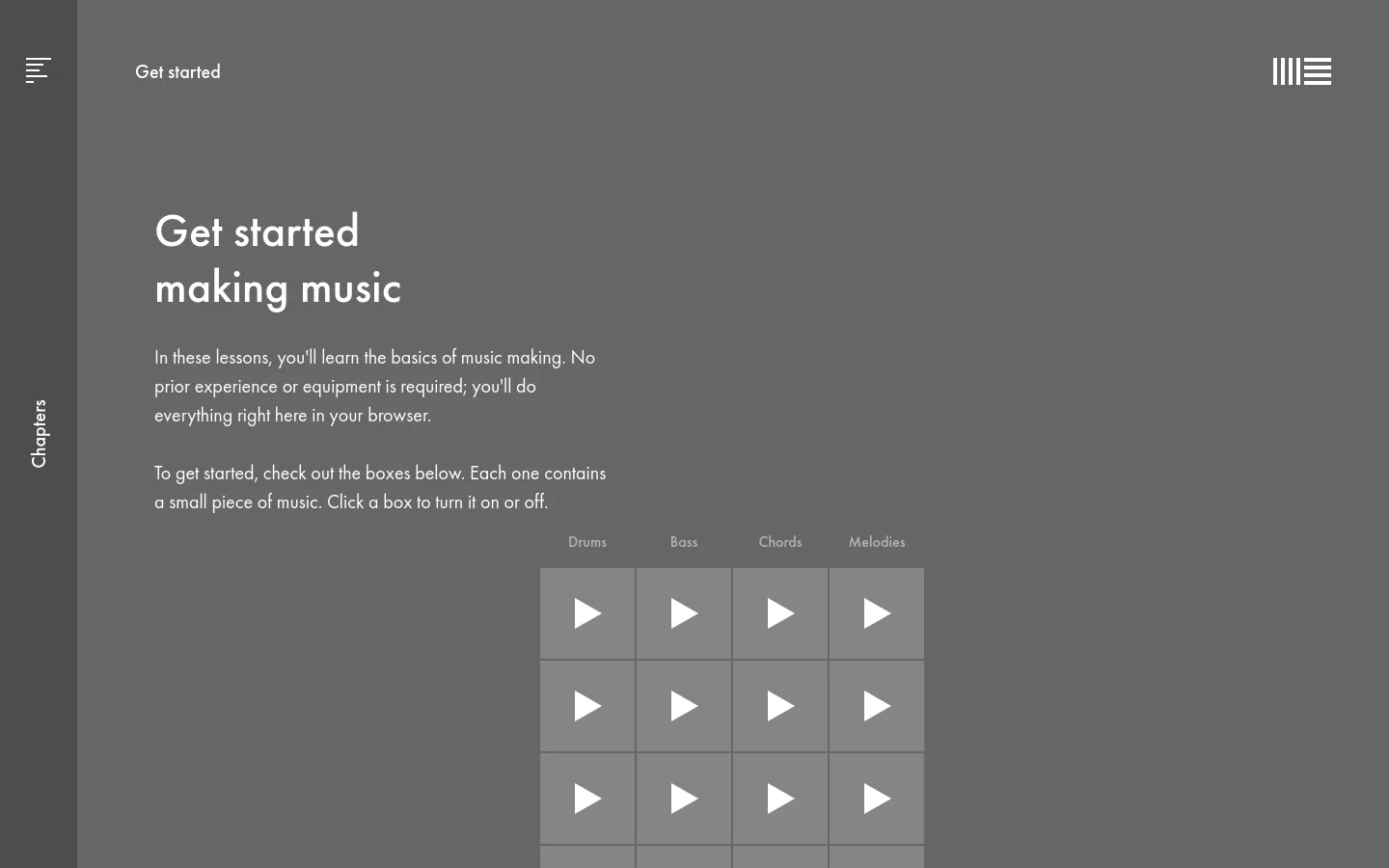 The desktop homepage features a dark gray background with white text. The headline reads 'Get started making music' above an introductory paragraph, followed by a grid of interactive play buttons organized under columns labeled Drums, Bass, Chords, and Melodies. A sidebar on the left contains a 'Chapters' navigation menu.