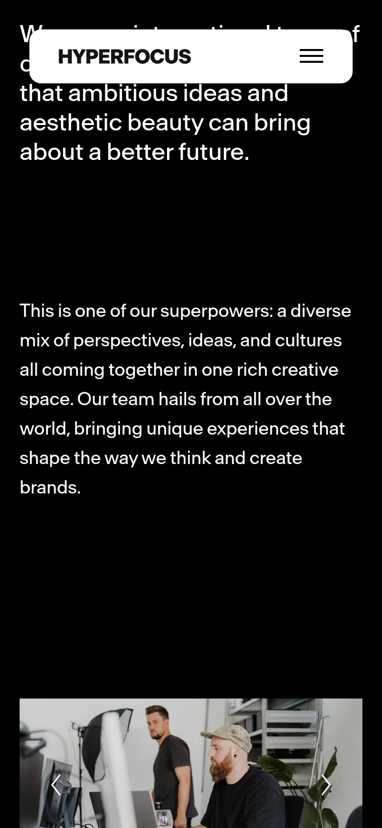The mobile version maintains the dark aesthetic but utilizes a vertical stack for content. The navigation is condensed into a hamburger menu, and the large hero text is scaled to fit the narrow screen width, followed by a single-column scroll of images and text.