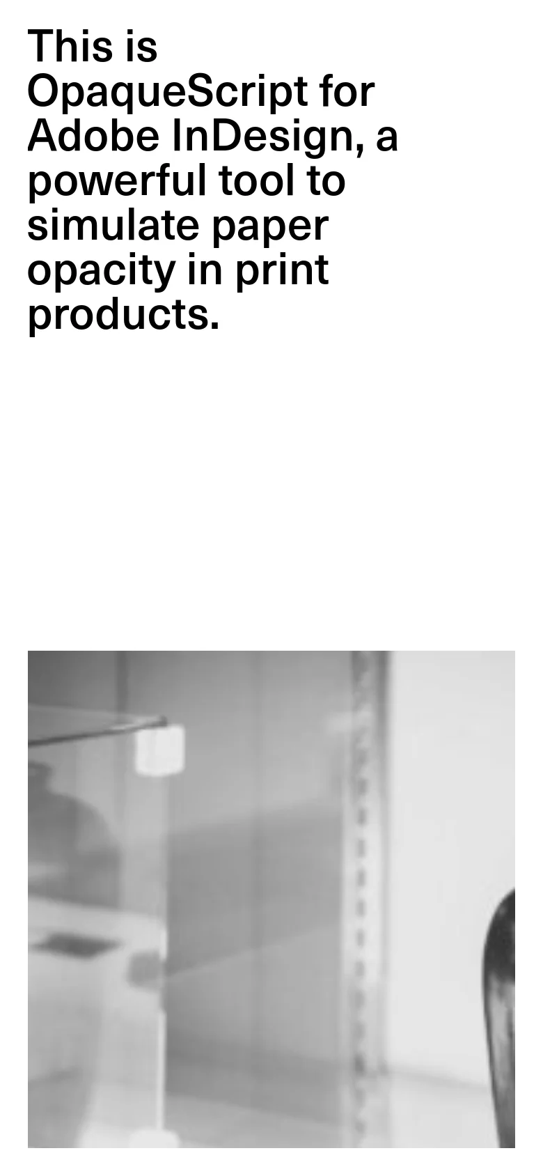 The mobile version maintains the minimalist aesthetic but stacks the content vertically. The large bold headline dominates the top of the screen, followed by the grayscale hero image which is cropped more tightly to fit the narrow portrait aspect ratio.