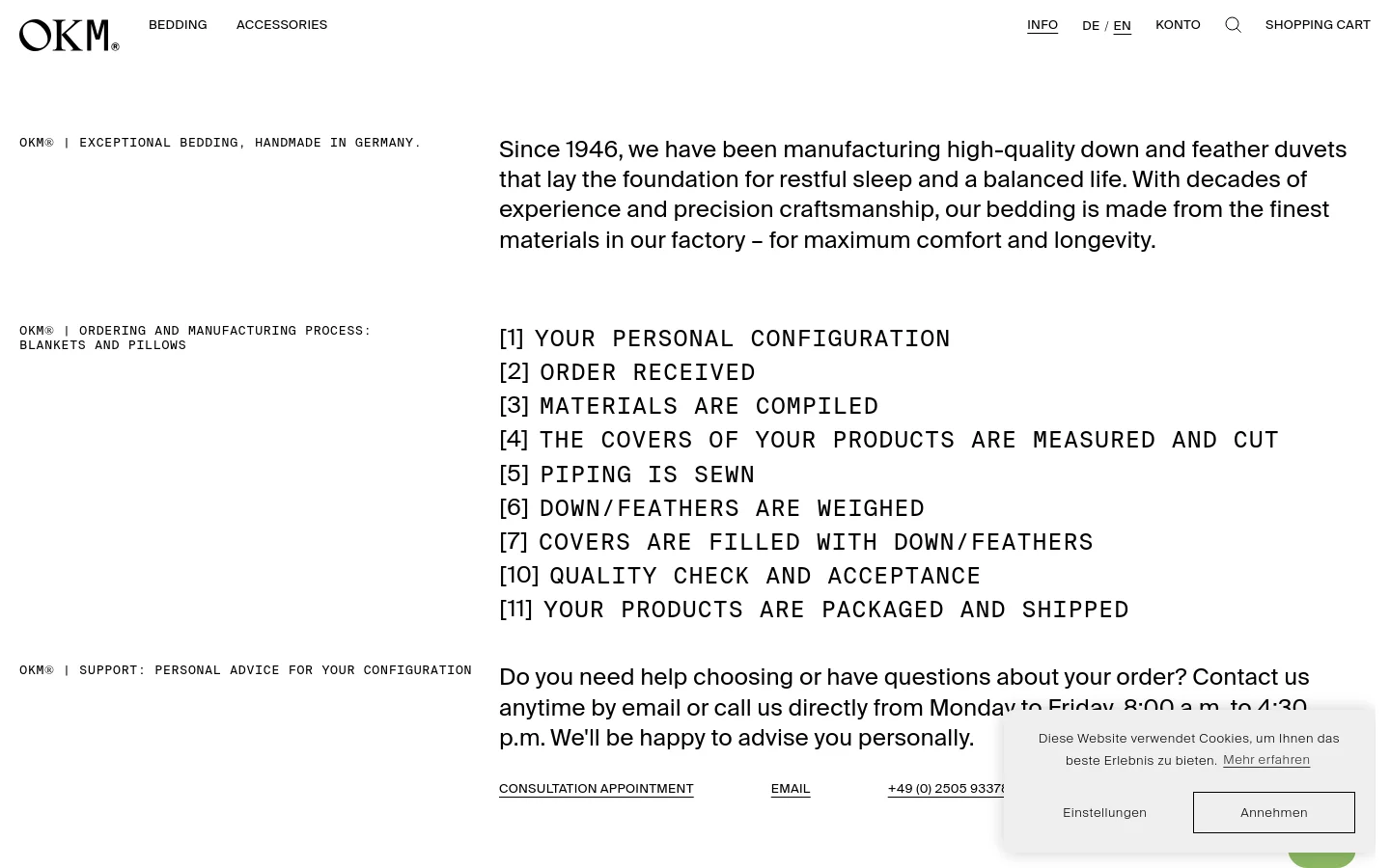 The desktop page features a minimalist white layout with black text and a navigation bar containing links for Bedding, Accessories, Info, and Shopping Cart. The content is organized into sections with large headings describing the company history, a numbered list for the manufacturing process, a support section with contact links, and an accordion-style FAQ section.