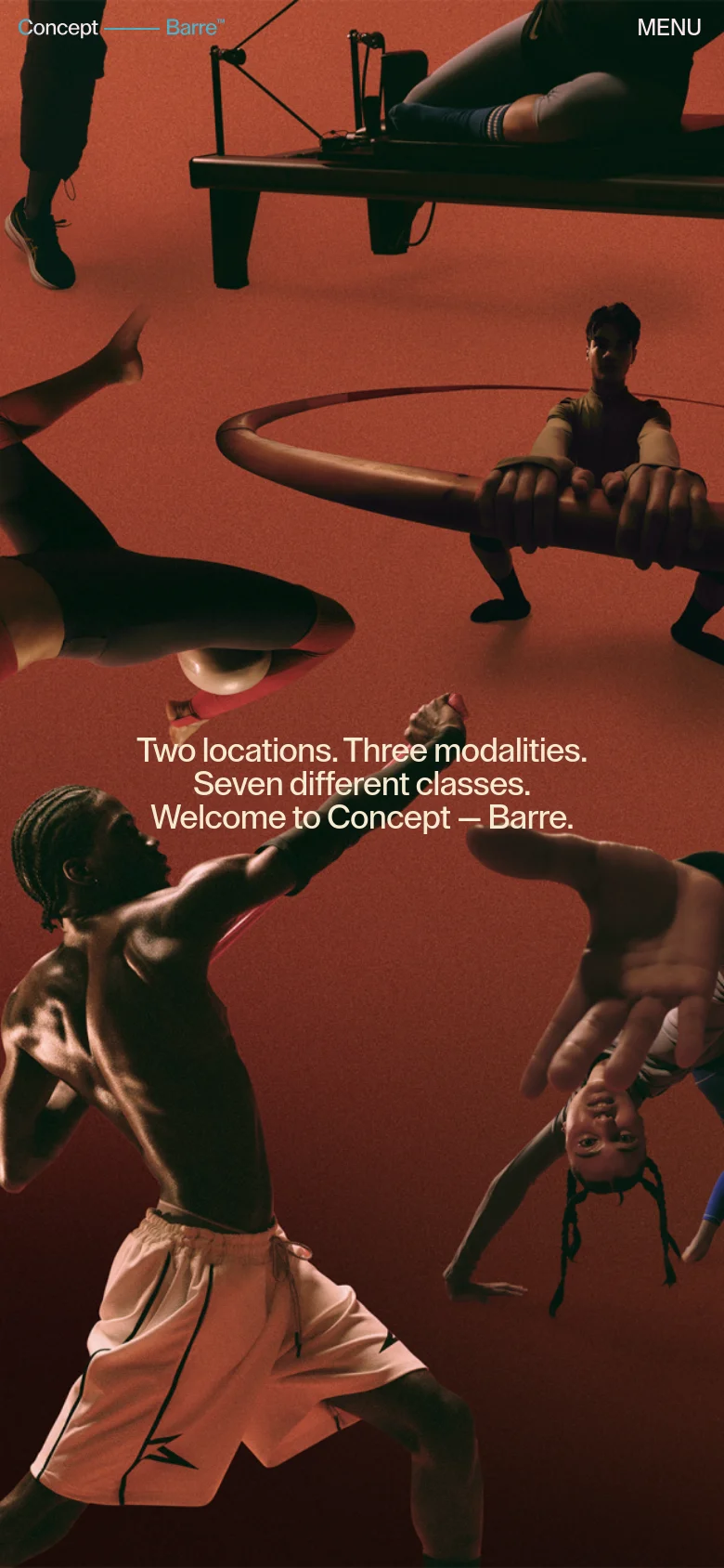 Concept Barre mobile homepage with a vertically stacked layout. The hero section features a portrait-oriented fitness image with centered white typography, followed by a single-column list of class cards including Cardio, Stretching, and Isometric, all set against a warm terracotta and red color palette.