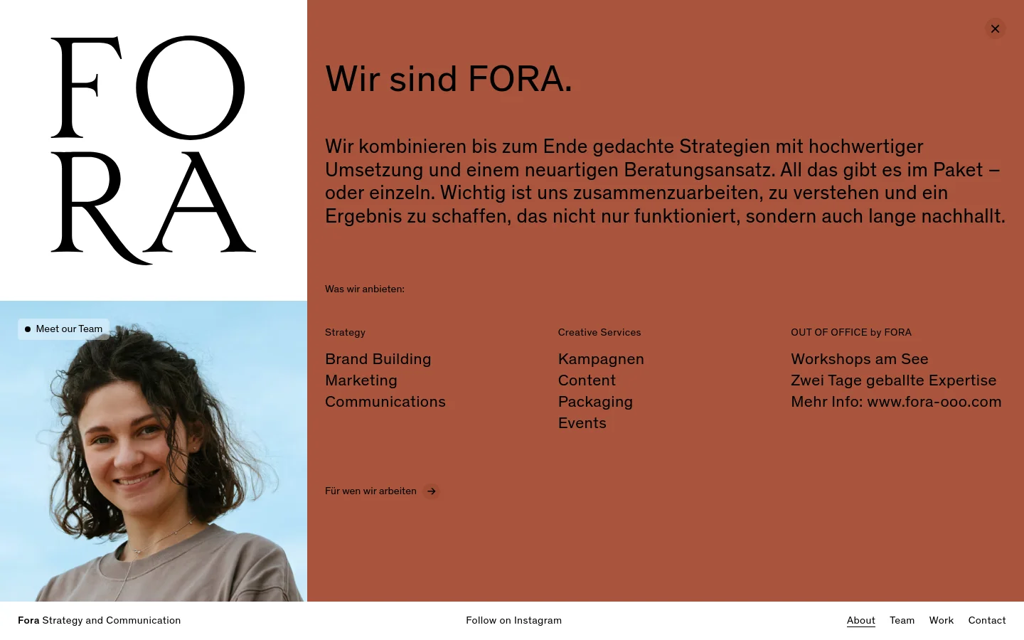 FORA About page featuring a split-screen layout with large serif typography and a terracotta and cream color palette. The design includes a grid of team portraits, service lists for Strategy and Creative Services, and a bold hero section with the headline Wir sind FORA.