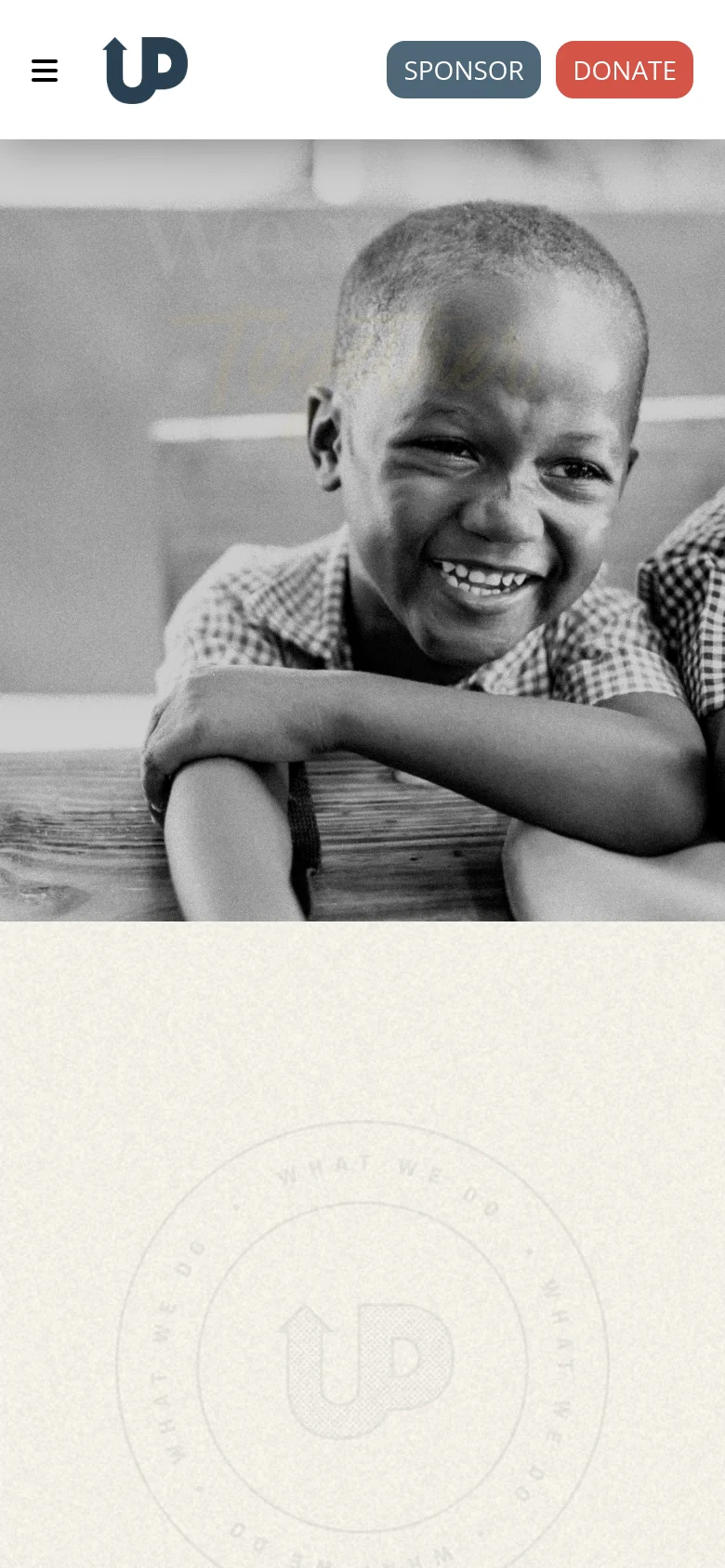 The mobile version shows a simplified layout with a hamburger menu icon on the left and the 'UP' logo in the center. The 'Sponsor' and 'Donate' buttons are prominently displayed below the header, and the hero image of the smiling child is cropped to fit the vertical screen.