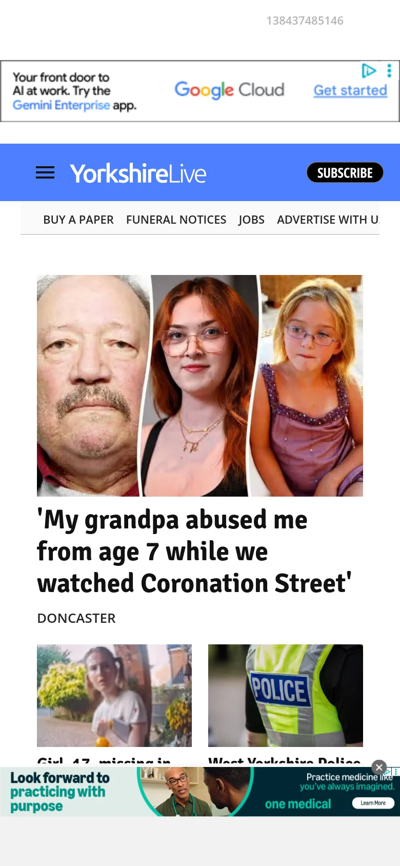 The mobile version shows a simplified layout with a hamburger menu and a 'Subscribe' button in a blue header. The main content consists of a single-column vertical feed of news stories, starting with a large headline and composite image, followed by smaller news cards with images and text.