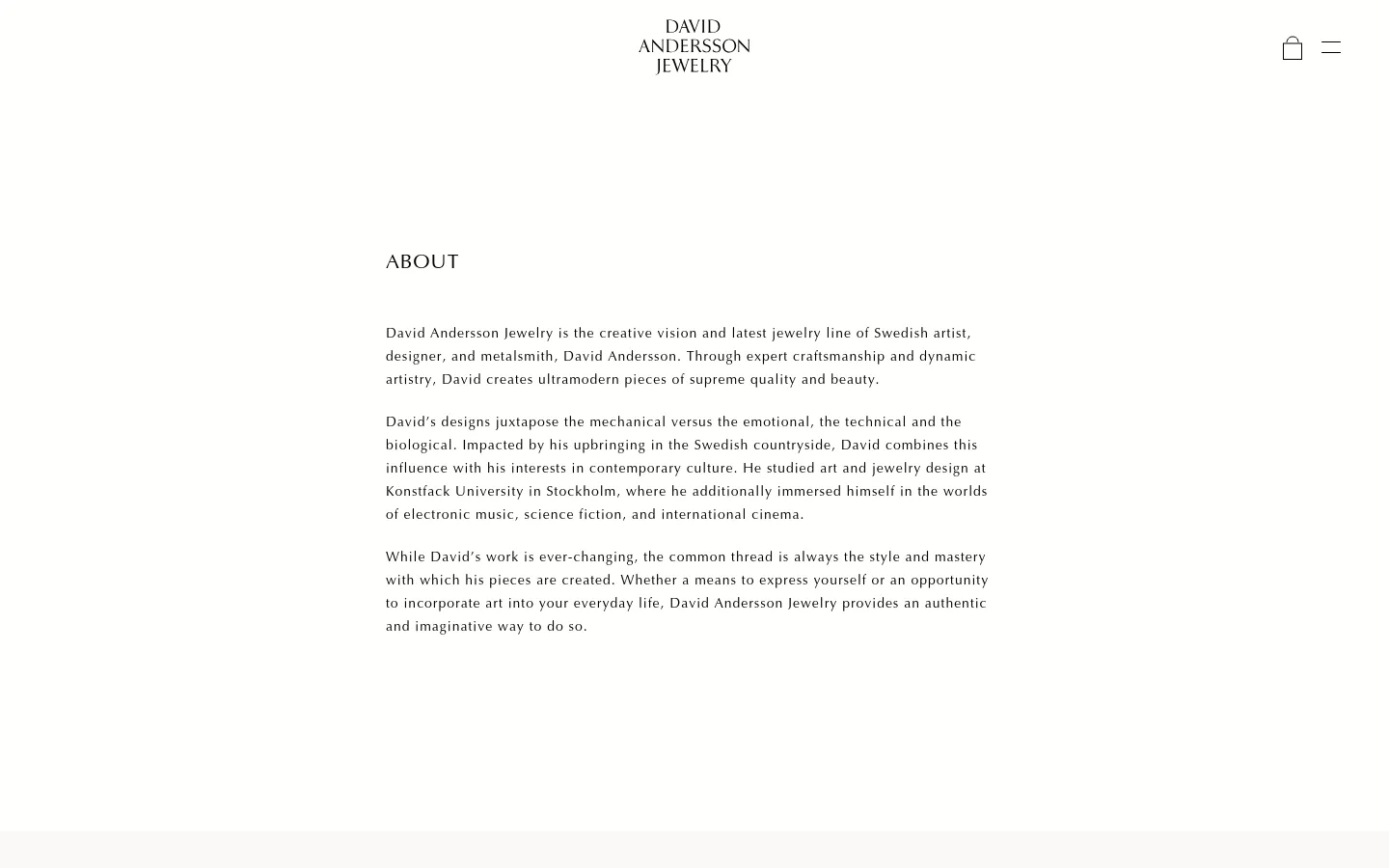 The About page features a minimalist design with a white background and black serif typography. The header contains the David Andersson Jewelry logo centered at the top, with a shopping bag icon and menu icon on the right. The main content consists of a large 'ABOUT' heading followed by several paragraphs of text centered on the page.