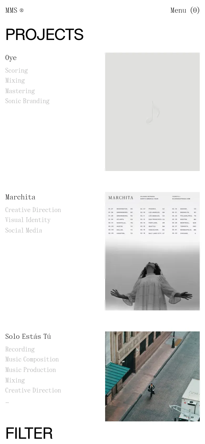 The mobile version simplifies the layout into a single-column vertical stack, prioritizing large typography for the 'PROJECTS' heading. Each project is presented with its title and services on the left, paired with a large grayscale image on the right or below, creating a streamlined scrolling experience.