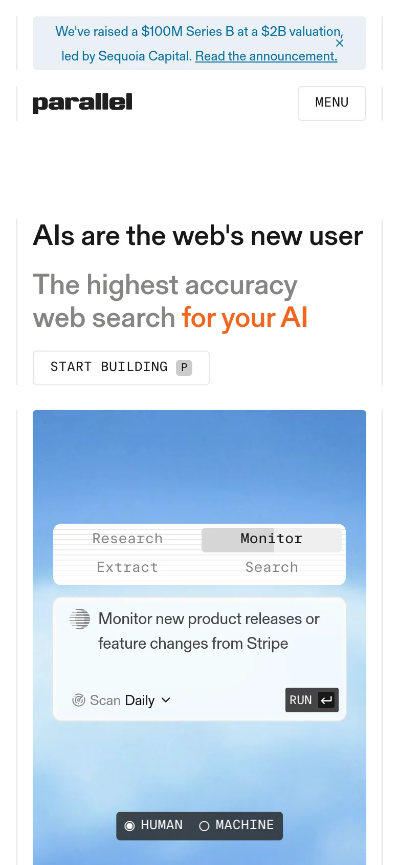 The mobile version presents a simplified vertical layout with a centered 'MENU' button in the header. The hero text and 'START BUILDING' button are stacked vertically above the blue interface graphic, which occupies the full width of the screen.