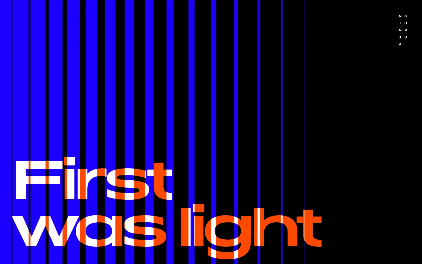 A minimalist desktop homepage featuring a bold hero section with vertical blue and black stripes and large, overlapping text that reads 'First was light' in white and orange. The layout includes a studio description for Ninja Guru, followed by a grid of project tiles like 'Mass of the world' and 'DataSafe,' each featuring a large cover image, title, and brief description. The color palette is dominated by deep black, vibrant blue, and high-contrast orange and white.