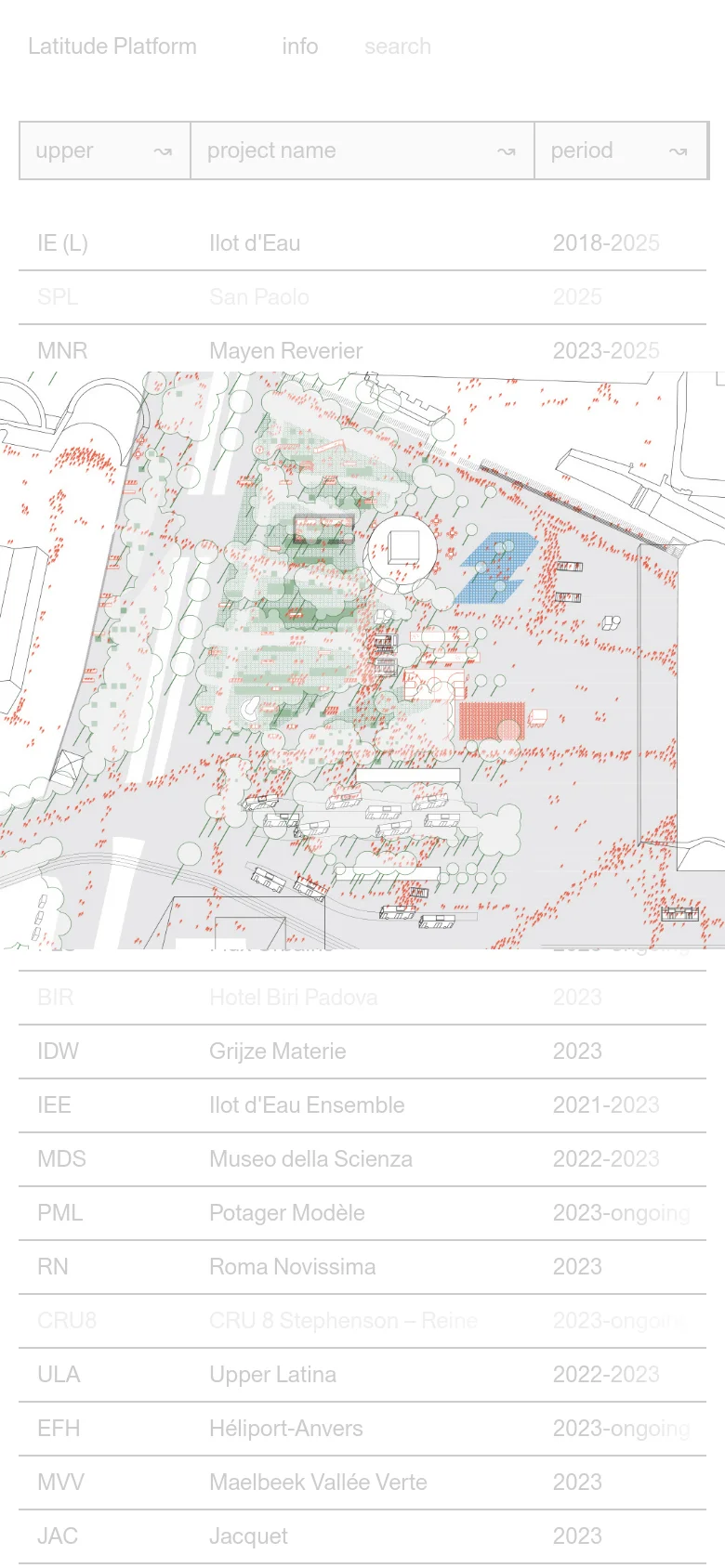 The mobile version maintains the minimalist aesthetic but optimizes the layout for a vertical screen. The navigation links are stacked or condensed, and the project data table is presented in a simplified, single-column or narrower multi-column format to ensure readability on a small device.