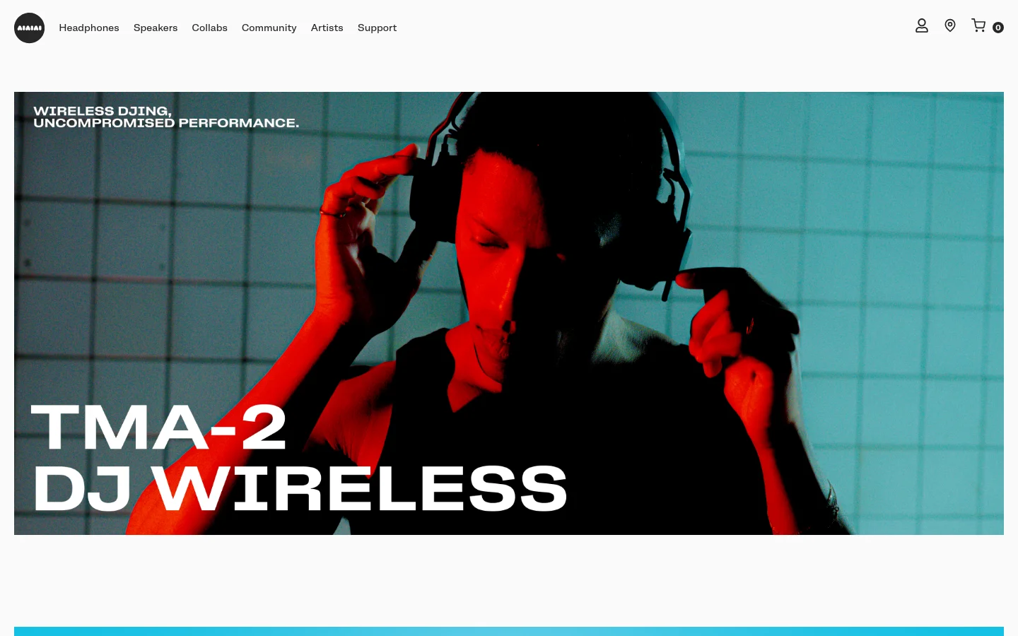 The desktop homepage features a minimalist white navigation bar with links for Headphones, Speakers, Collabs, Community, Artists, and Support. The hero section displays a high-contrast, cinematic image of a person wearing headphones against a teal tiled background, with large white text reading 'WIRELESS DJING, UNCOMPROMISED PERFORMANCE' and 'TMA-2 DJ WIRELESS'.