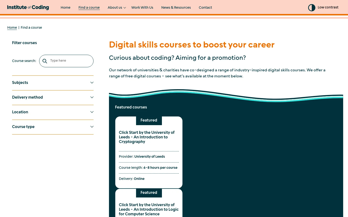 The desktop page features a clean layout with a white header and a large hero section containing orange headlines and a description of digital skills courses. A left-hand sidebar provides filtering options including a search bar, subjects, delivery method, location, and course type. Below the hero, a dark teal section displays featured course cards in a grid format.