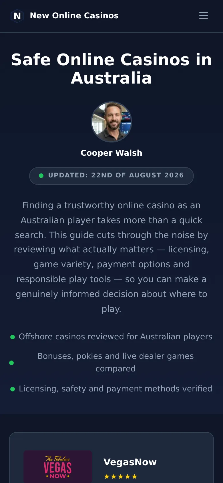 The mobile version presents a vertically stacked layout optimized for small screens, with the headline and author profile centered at the top. The casino offer cards are narrower, focusing on the logo, bonus details, and a prominent green 'Play Now' button. A hamburger menu icon replaces the desktop navigation bar for streamlined access.